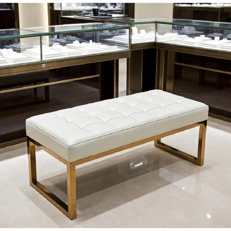 Luxury Watch Boutique - Handcrafted Button-Tufted Waiting Bench, Premium Gold/Brushed