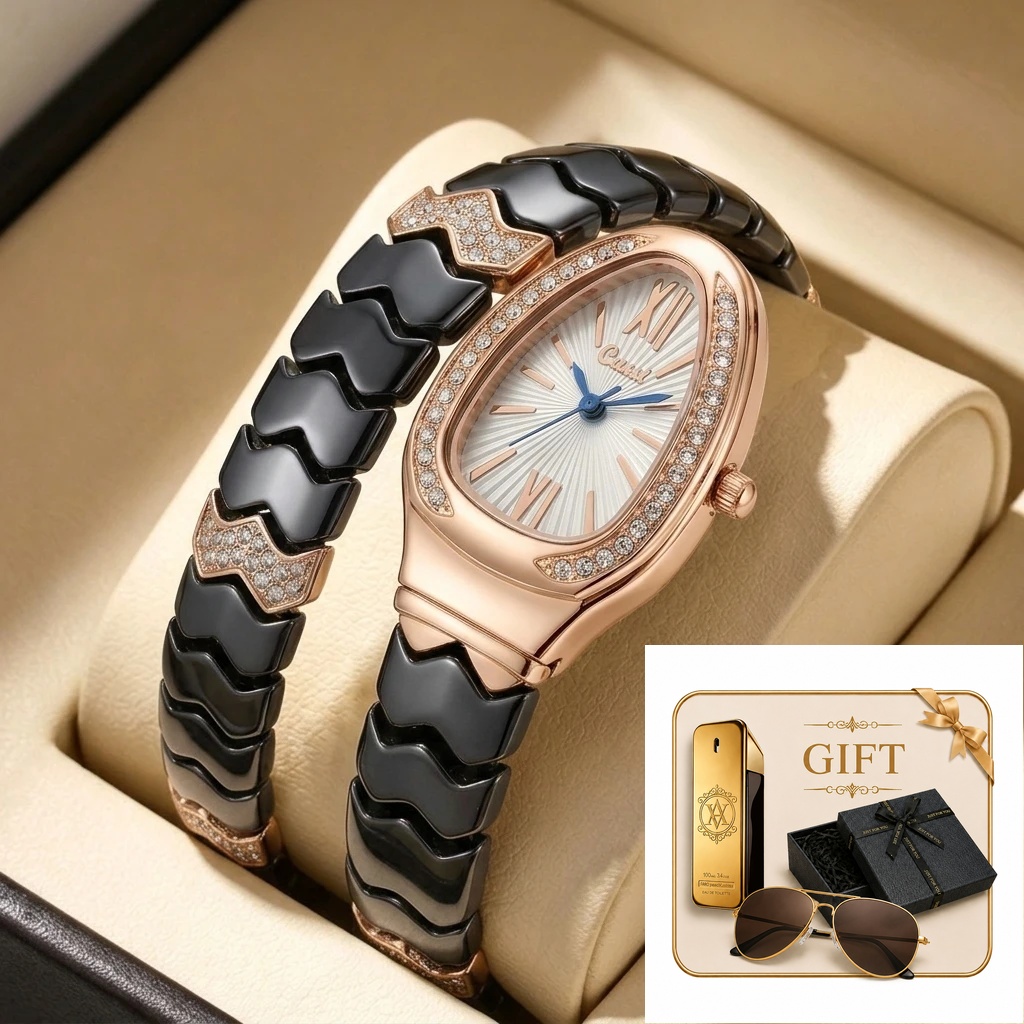 4pc Ladies Black and Rose Gold - Luxury Watch Gold And Black ulasan dan harga