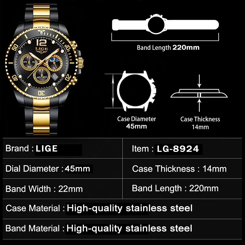 LIGE Fashion Black Gold Clock  - Luxury Watch Gold And Black ulasan dan harga
